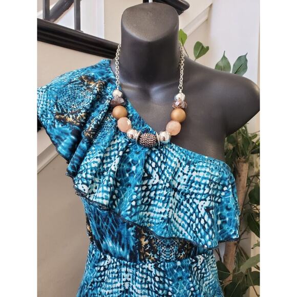 Mix & Co. Women's Blue Polyester One Shoulder Off Sleeveless Long Maxi Dress L - Picture 11 of 12